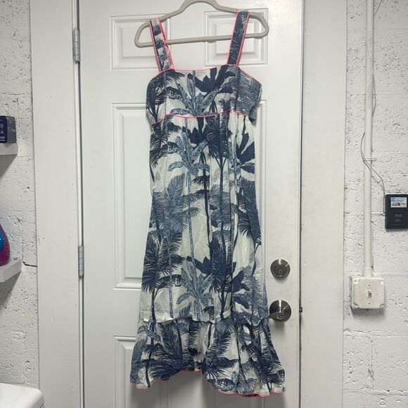 Juliet Dunn Navy and White Tropical Dress Hot Pink Outline Back Zip & Tie NWOT - Picture 2 of 4